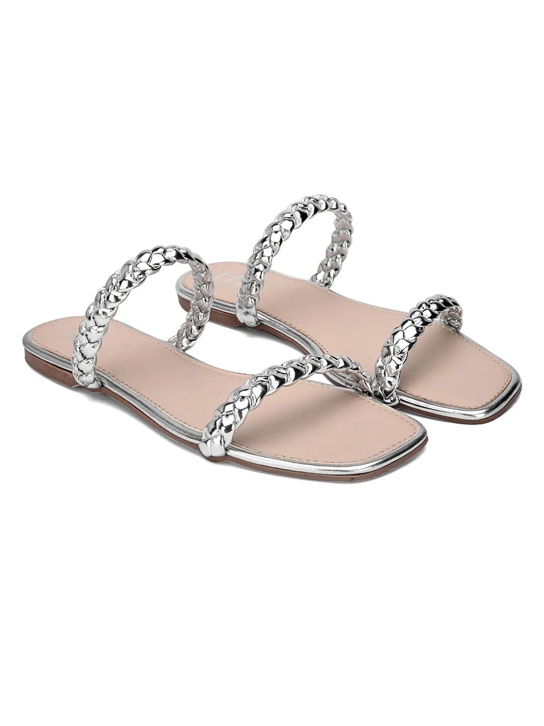 Hydes N Hues Women Silver-Toned Printed Open Toe Flats