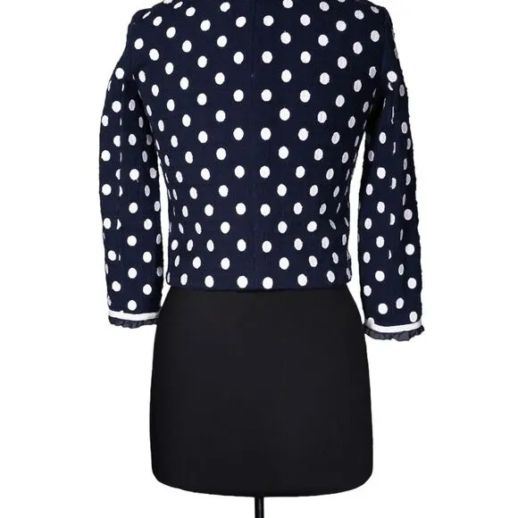 J. Crew Women's Jacket Blue White Polka Dot Ruffle Textured Lined Coat Size 00
