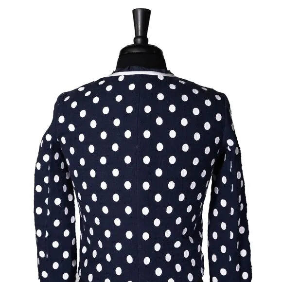 J. Crew Women's Jacket Blue White Polka Dot Ruffle Textured Lined Coat Size 00