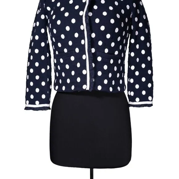 J. Crew Women's Jacket Blue White Polka Dot Ruffle Textured Lined Coat Size 00