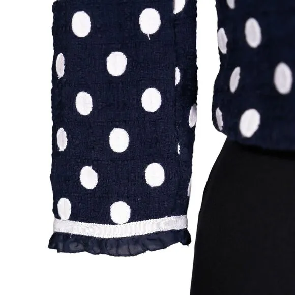 J. Crew Women's Jacket Blue White Polka Dot Ruffle Textured Lined Coat Size 00