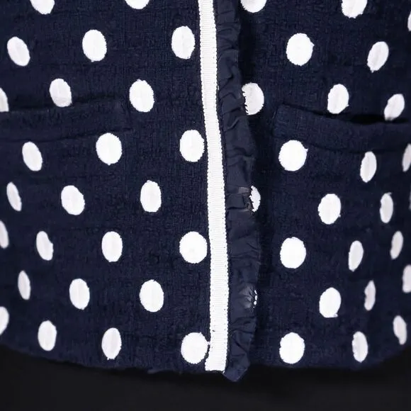 J. Crew Women's Jacket Blue White Polka Dot Ruffle Textured Lined Coat Size 00