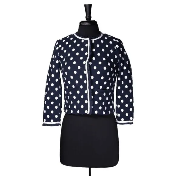 J. Crew Women's Jacket Blue White Polka Dot Ruffle Textured Lined Coat Size 00