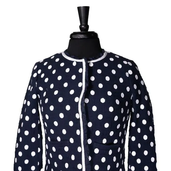 J. Crew Women's Jacket Blue White Polka Dot Ruffle Textured Lined Coat Size 00