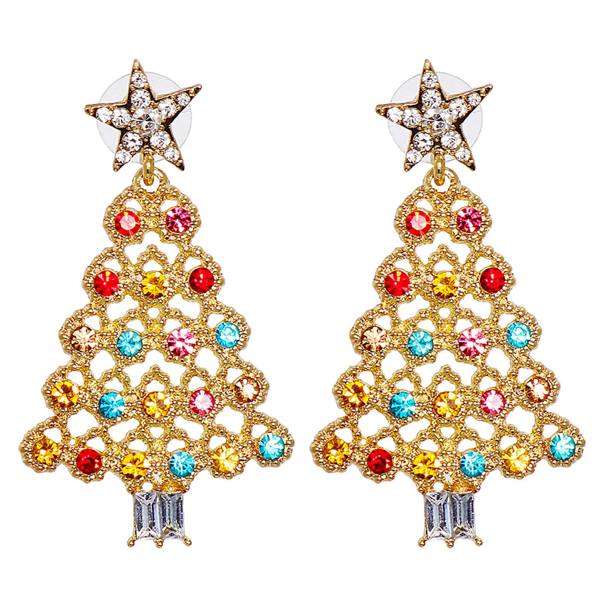 Jewel-Tone Cubic Zirconia & 18K Gold-Plated Festive Tree Drop Earrings