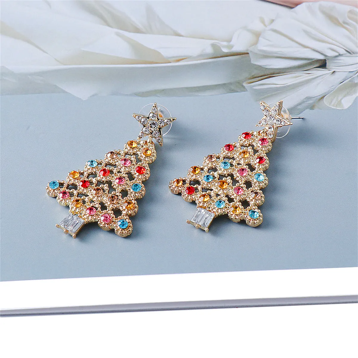 Jewel-Tone Cubic Zirconia & 18K Gold-Plated Festive Tree Drop Earrings