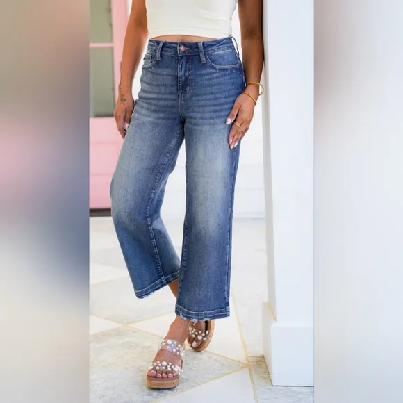Judy Blue High Rise Vintage Wash Wide Leg Cropped Jeans Stretch Classic 11/30