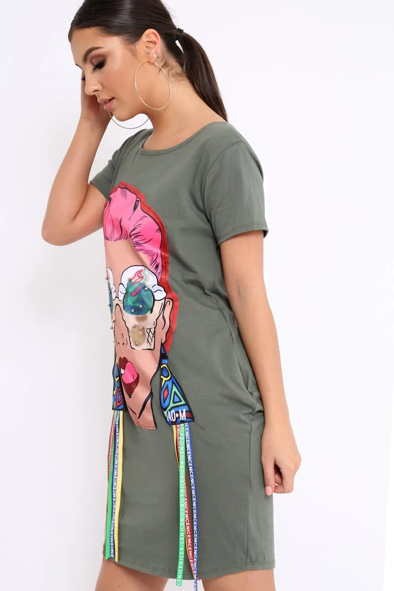 Khaki Crew Neck Girls Face T-shirt Dress with Tassels - Sway