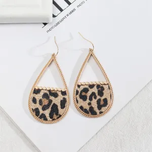 Khaki Polyurethane & 18K Gold-Plated Leopard Open Teardrop Earrings