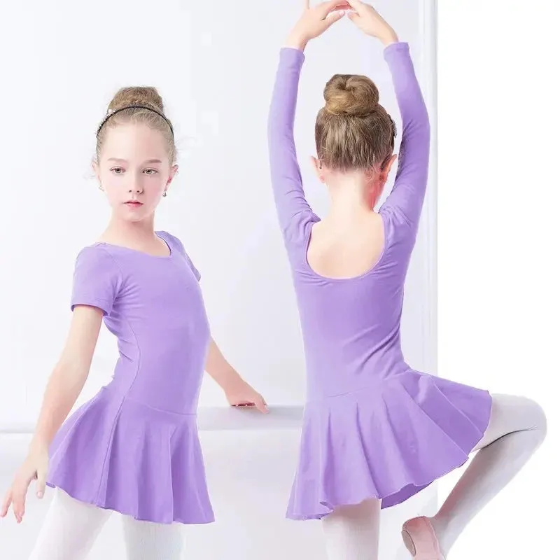 Kids' Girls Cotton Gymnastics Leotard Ballet Dress - Short Sleeve Tutu Dancewear