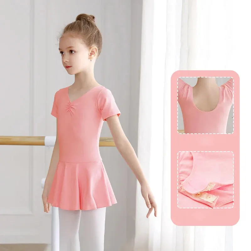 Kids' Girls Cotton Gymnastics Leotard Ballet Dress - Short Sleeve Tutu Dancewear