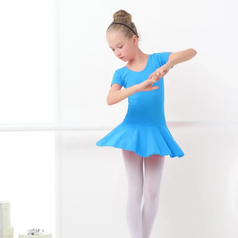 Kids' Girls Cotton Gymnastics Leotard Ballet Dress - Short Sleeve Tutu Dancewear