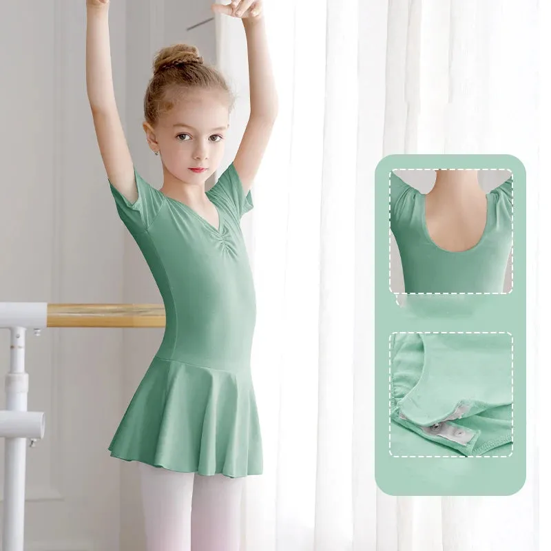 Kids' Girls Cotton Gymnastics Leotard Ballet Dress - Short Sleeve Tutu Dancewear