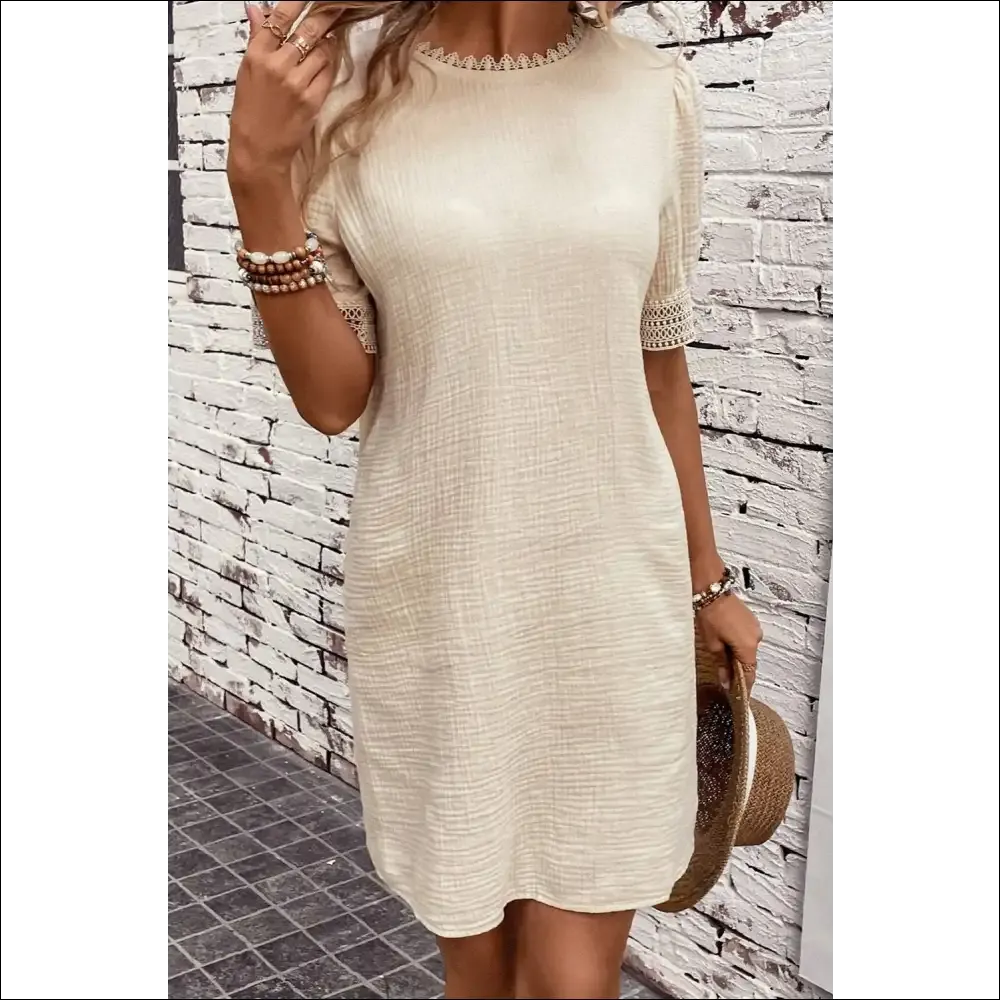 Lace Detail Round Neck Short Sleeve Mini Dress
