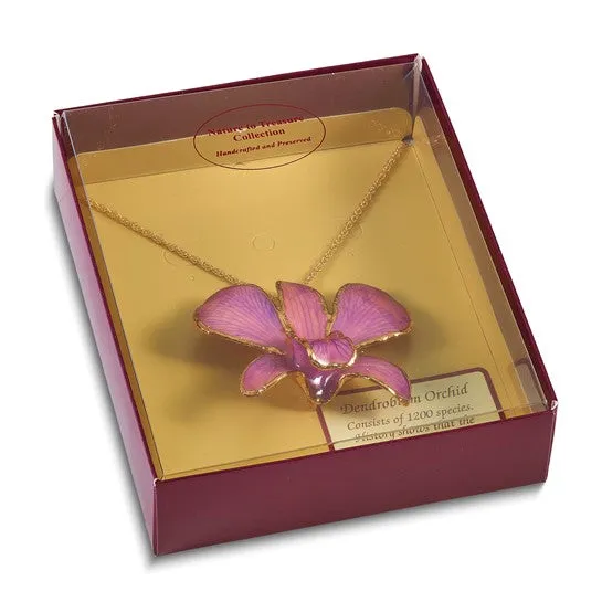 Lacquer Dipped 24k Gold Trimmed Lavender Dendrobium Orchid 20" Necklace