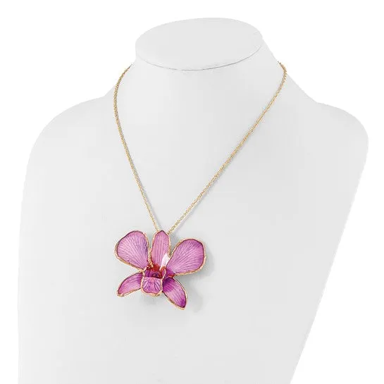 Lacquer Dipped 24k Gold Trimmed Lavender Dendrobium Orchid 20" Necklace