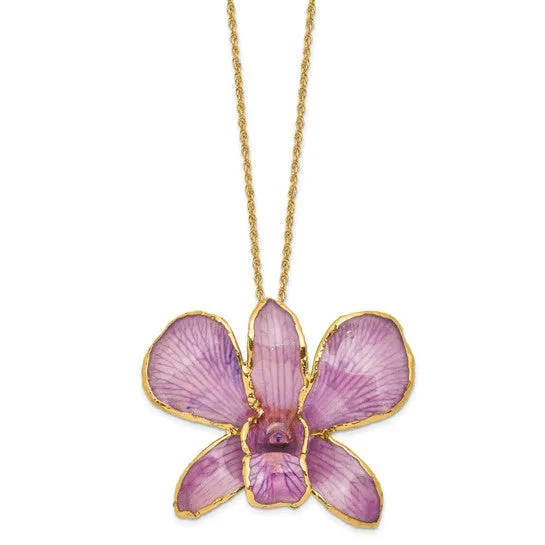 Lacquer Dipped 24k Gold Trimmed Lavender Dendrobium Orchid 20" Necklace