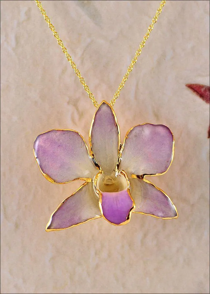 Lacquer Dipped 24k Gold Trimmed Lilac Dendrobium Orchid 20" Necklace