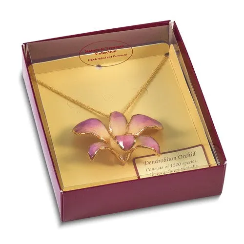 Lacquer Dipped 24k Gold Trimmed Lilac Dendrobium Orchid 20" Necklace