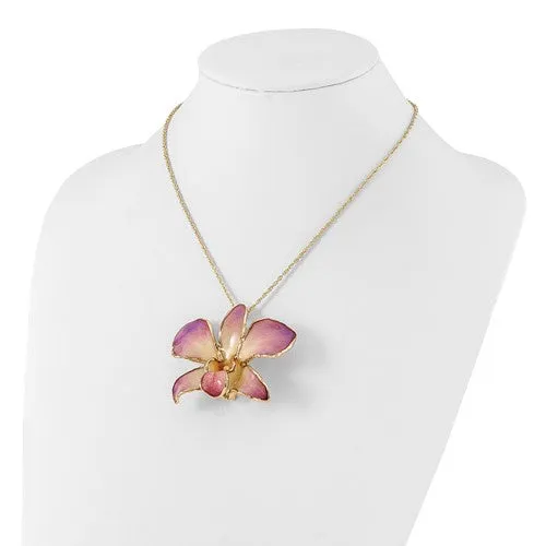 Lacquer Dipped 24k Gold Trimmed Lilac Dendrobium Orchid 20" Necklace