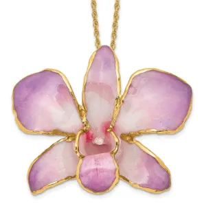 Lacquer Dipped 24k Gold Trimmed Lilac Dendrobium Orchid 20" Necklace