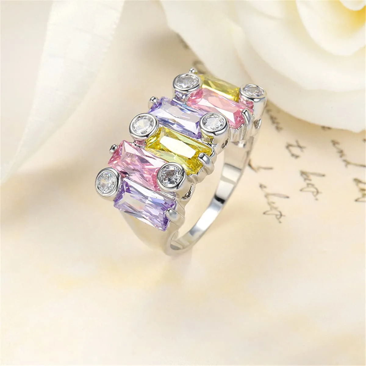 Lavender & Yellow Cubic Zirconia & Crystal Cluster Ring