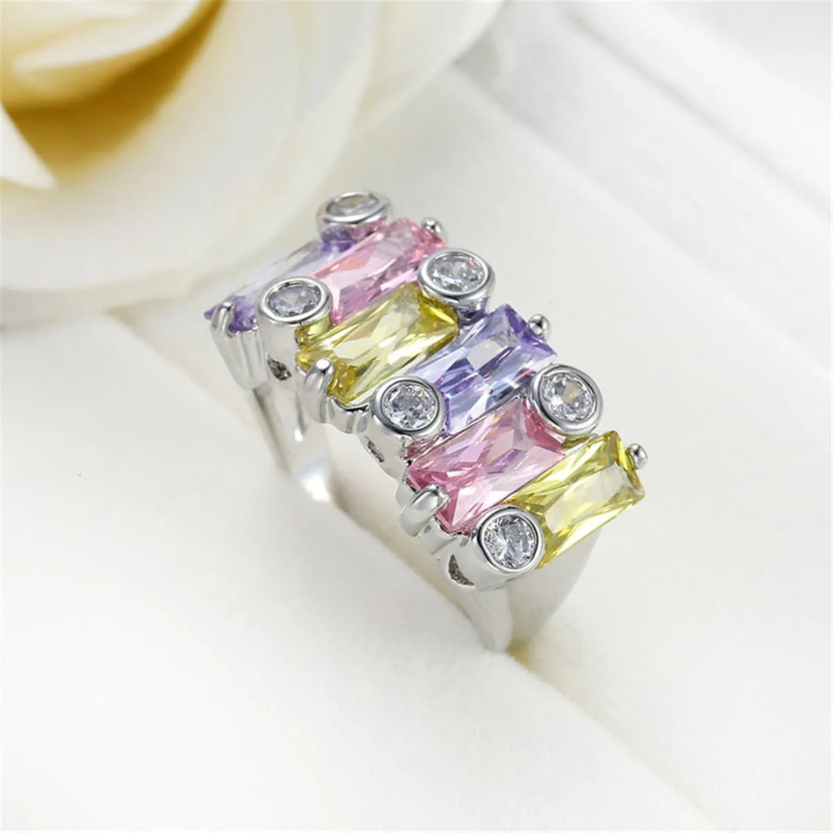 Lavender & Yellow Cubic Zirconia & Crystal Cluster Ring