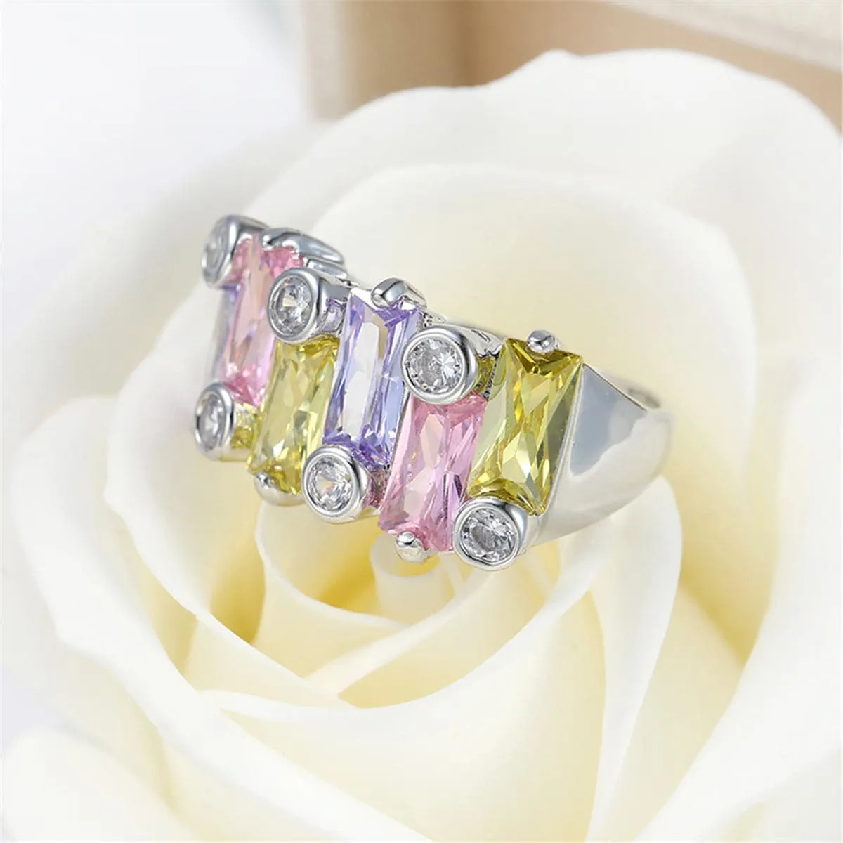 Lavender & Yellow Cubic Zirconia & Crystal Cluster Ring