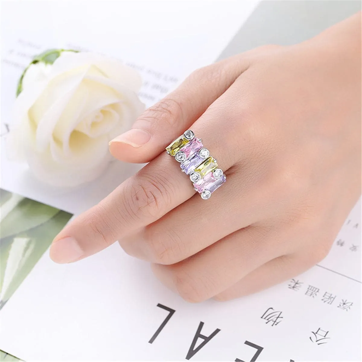 Lavender & Yellow Cubic Zirconia & Crystal Cluster Ring