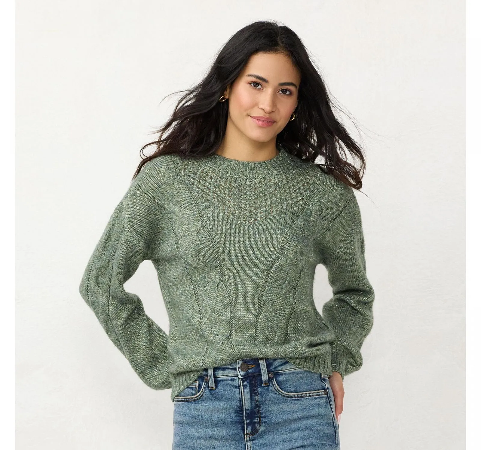 Lc Lauren Conrad Women's Cable-Knit Texture Sweater WL23S031RN Green M