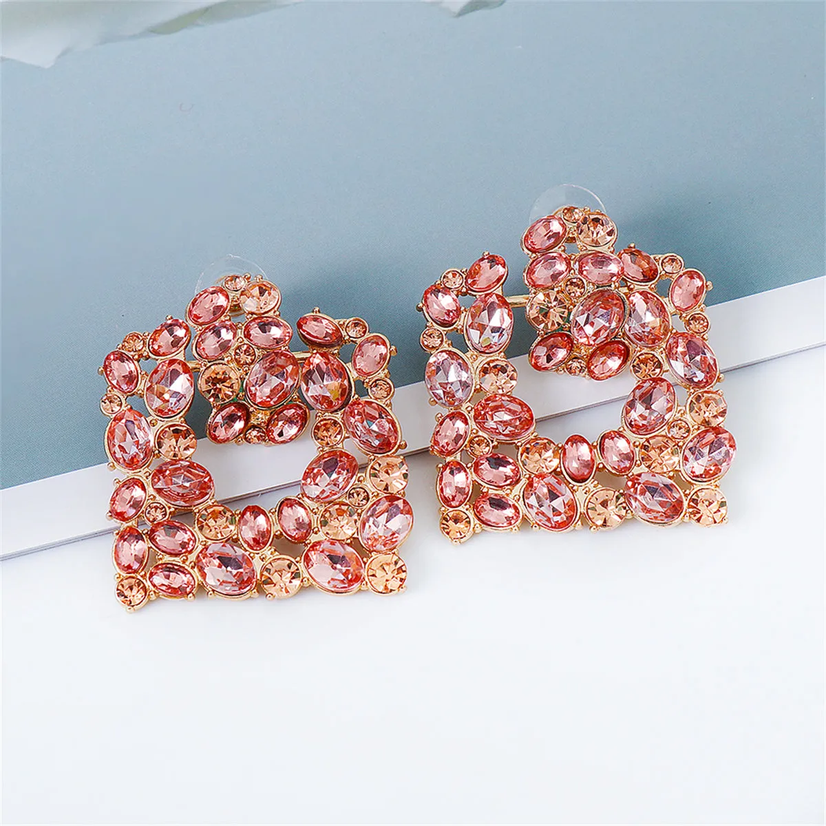 Light Pink Crystal & Cubic Zirconia Cluster Drop Earrings