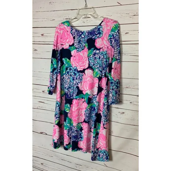 Lilly Pulitzer Women's S Small Navy Blue Pink Floral 3/4 Sleeves Cute Soft Dress