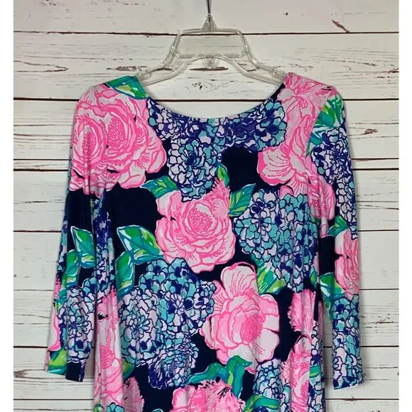 Lilly Pulitzer Women's S Small Navy Blue Pink Floral 3/4 Sleeves Cute Soft Dress
