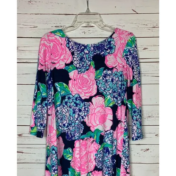 Lilly Pulitzer Women's S Small Navy Blue Pink Floral 3/4 Sleeves Cute Soft Dress