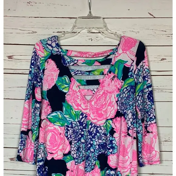 Lilly Pulitzer Women's S Small Navy Blue Pink Floral 3/4 Sleeves Cute Soft Dress