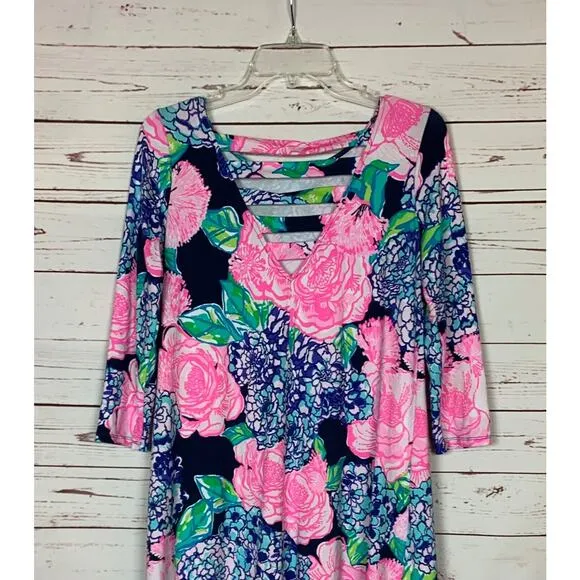 Lilly Pulitzer Women's S Small Navy Blue Pink Floral 3/4 Sleeves Cute Soft Dress