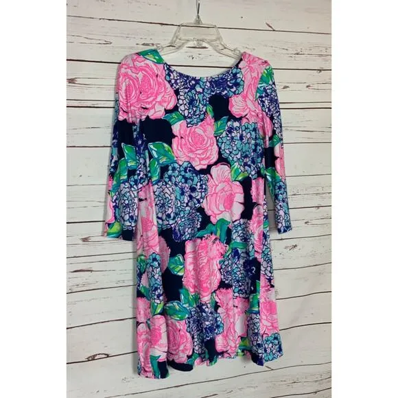 Lilly Pulitzer Women's S Small Navy Blue Pink Floral 3/4 Sleeves Cute Soft Dress