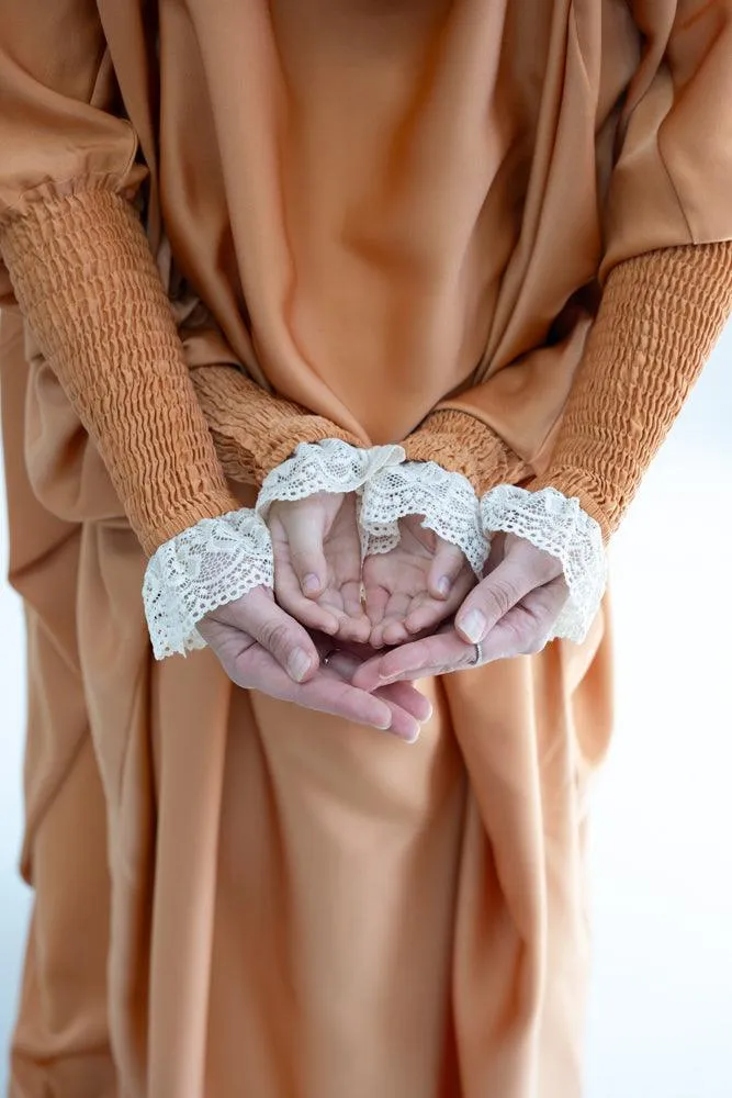 Little Gretaah prayer gown for kids in khimar style with ribbed sleeve cuff in  Orange