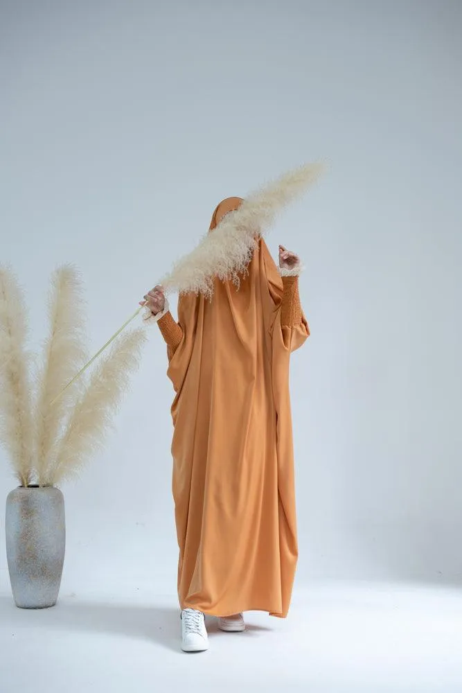 Little Gretaah prayer gown for kids in khimar style with ribbed sleeve cuff in  Orange