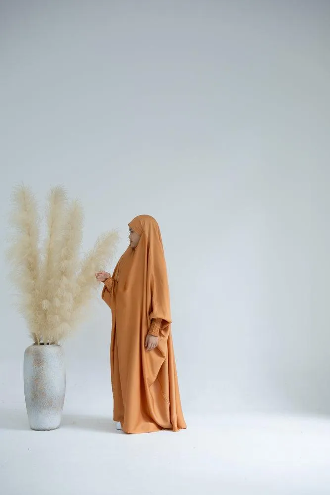 Little Gretaah prayer gown for kids in khimar style with ribbed sleeve cuff in  Orange