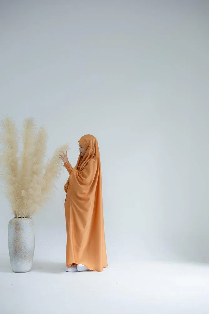 Little Gretaah prayer gown for kids in khimar style with ribbed sleeve cuff in  Orange
