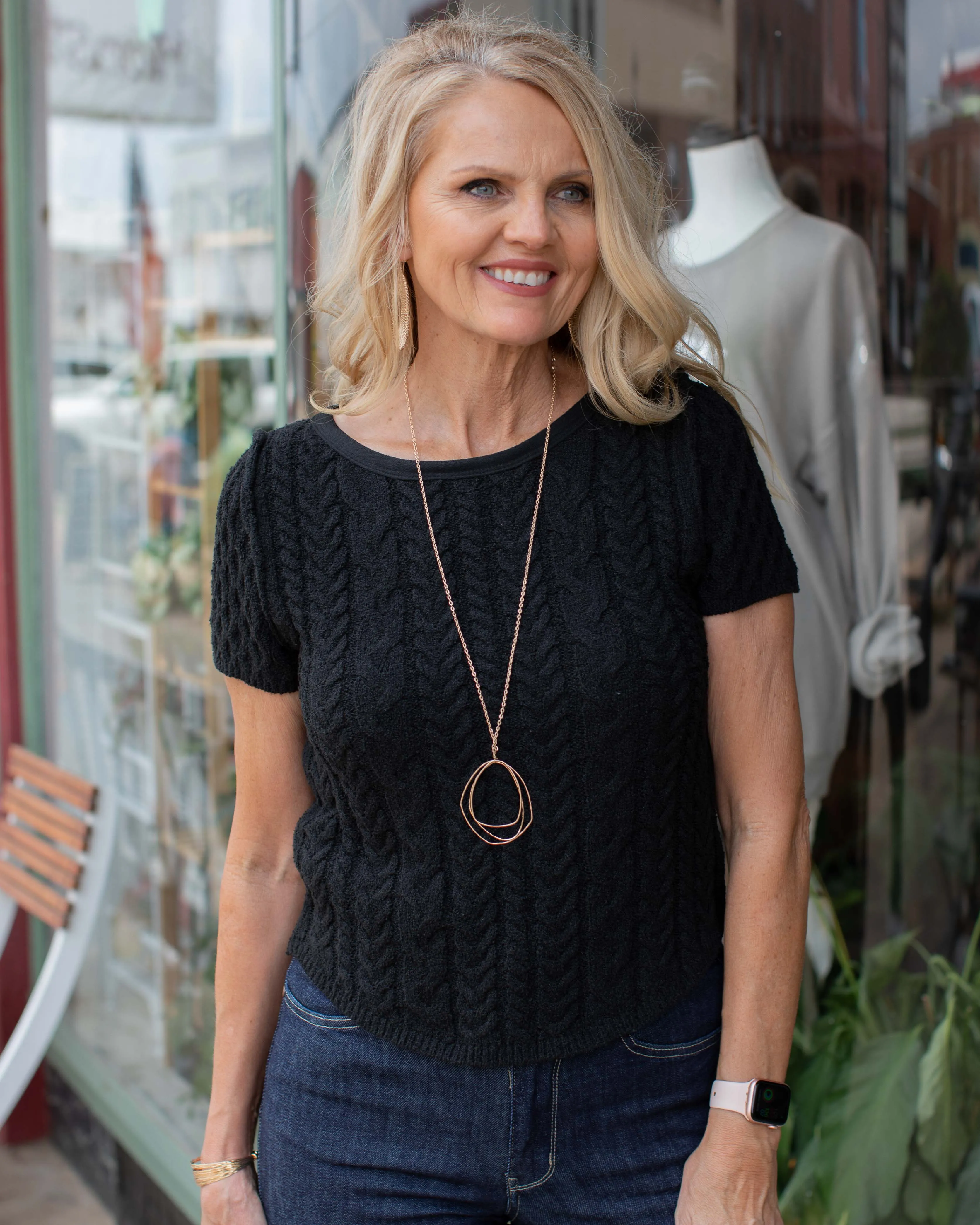 LUSH LIFE CABLE KNIT TEXTURED SWEATER - BLACK