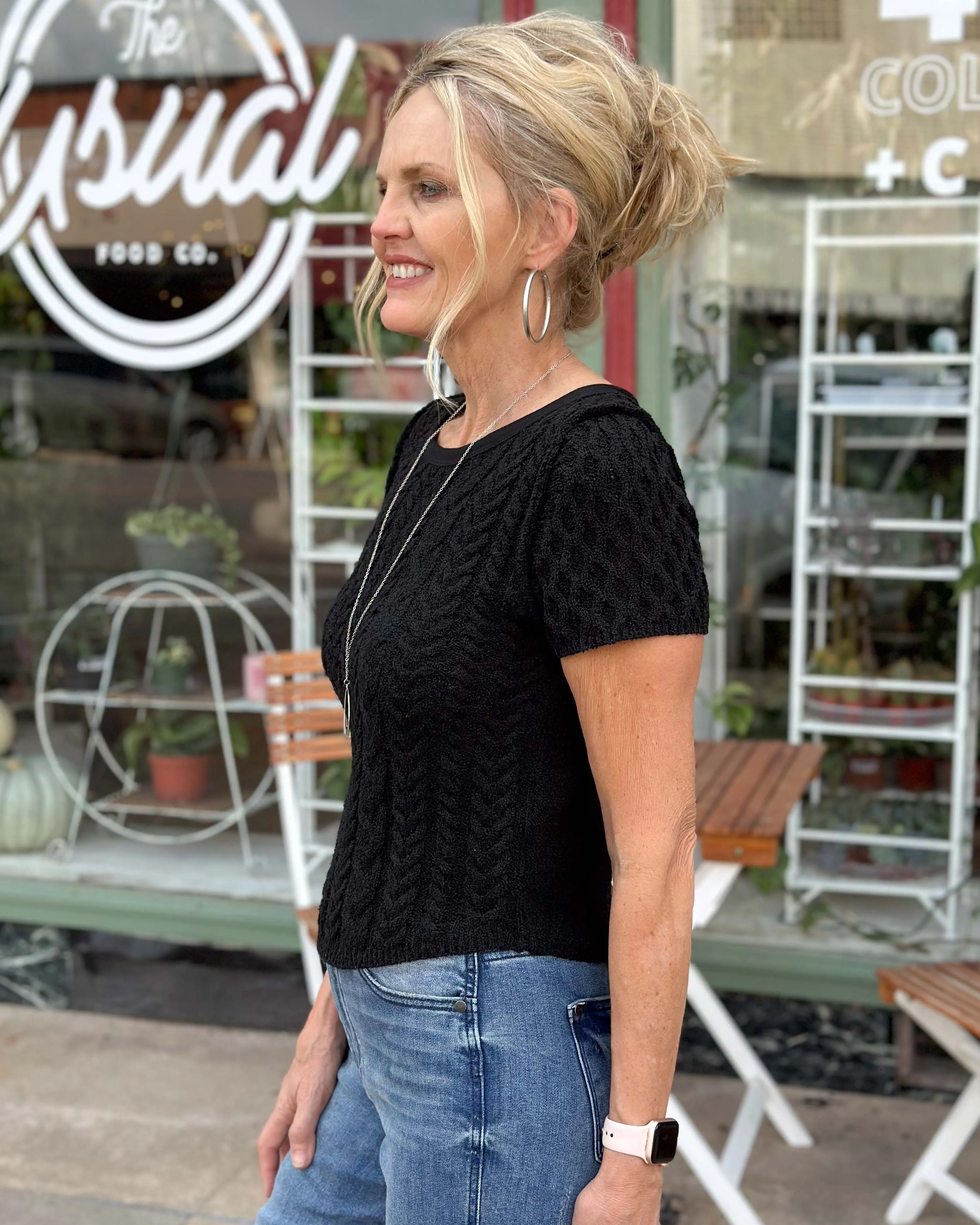 LUSH LIFE CABLE KNIT TEXTURED SWEATER - BLACK