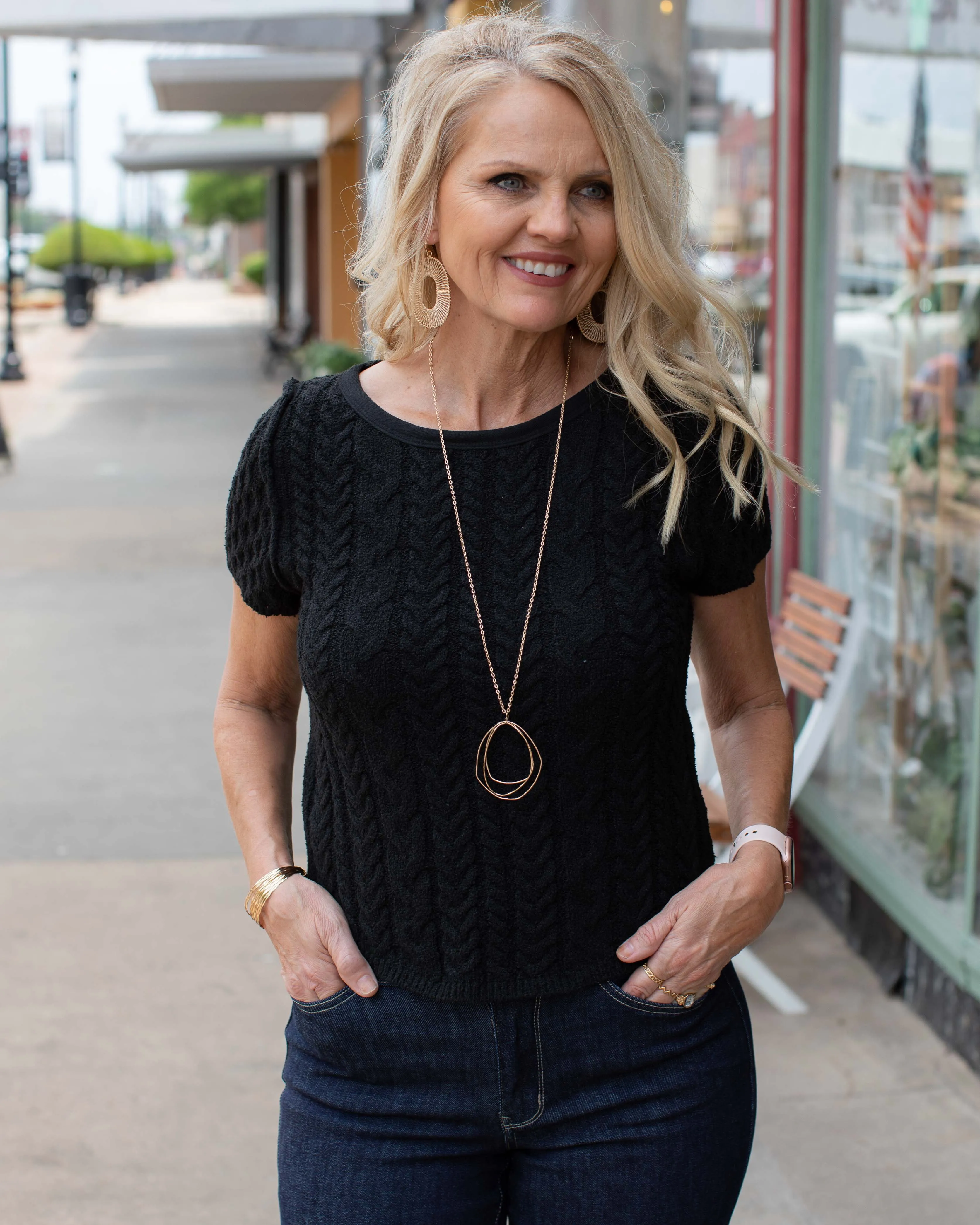 LUSH LIFE CABLE KNIT TEXTURED SWEATER - BLACK