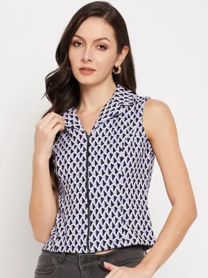 Madame Mauve Abstract Print Lapel Collar Zipper Crop Top