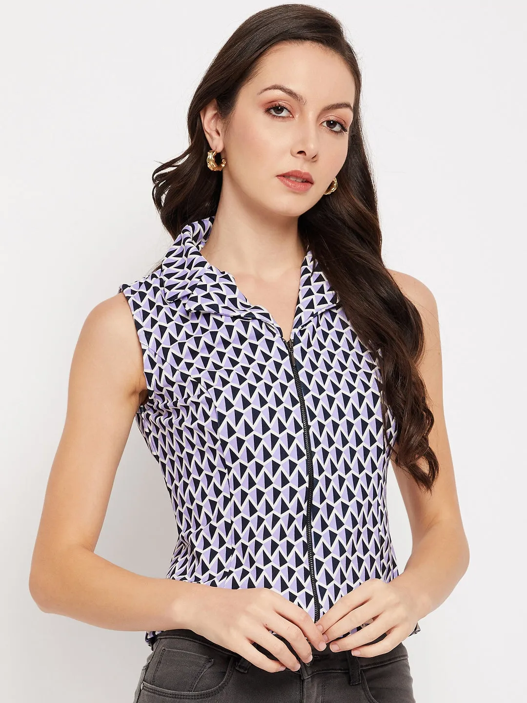 Madame Mauve Abstract Print Lapel Collar Zipper Crop Top