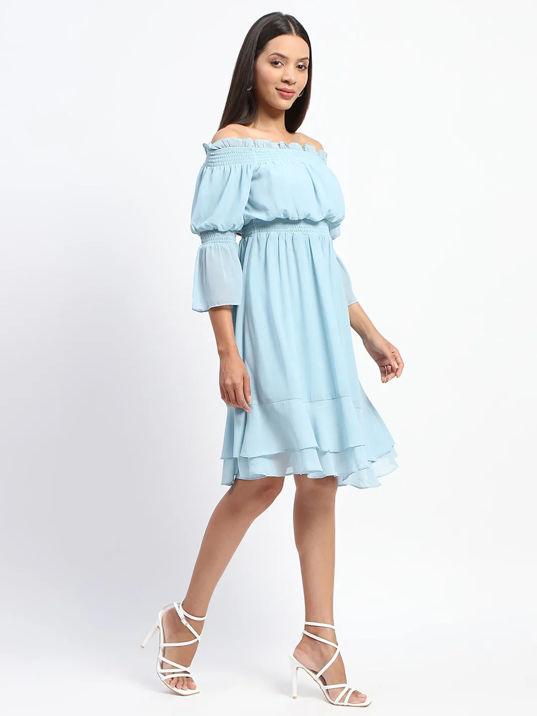 Madame Off Shoulder Aqua Blue Tiered Midi Dress