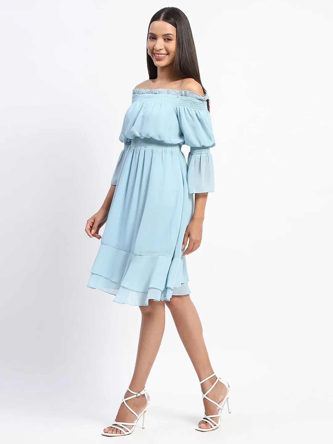 Madame Off Shoulder Aqua Blue Tiered Midi Dress