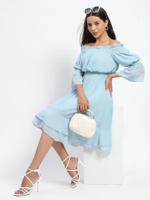 Madame Off Shoulder Aqua Blue Tiered Midi Dress