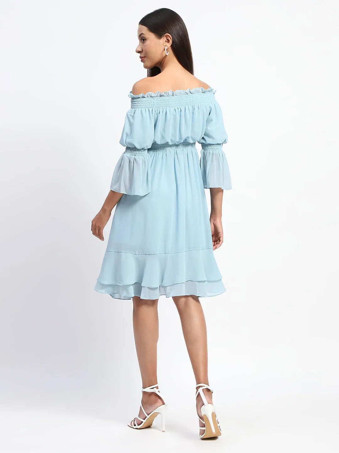 Madame Off Shoulder Aqua Blue Tiered Midi Dress